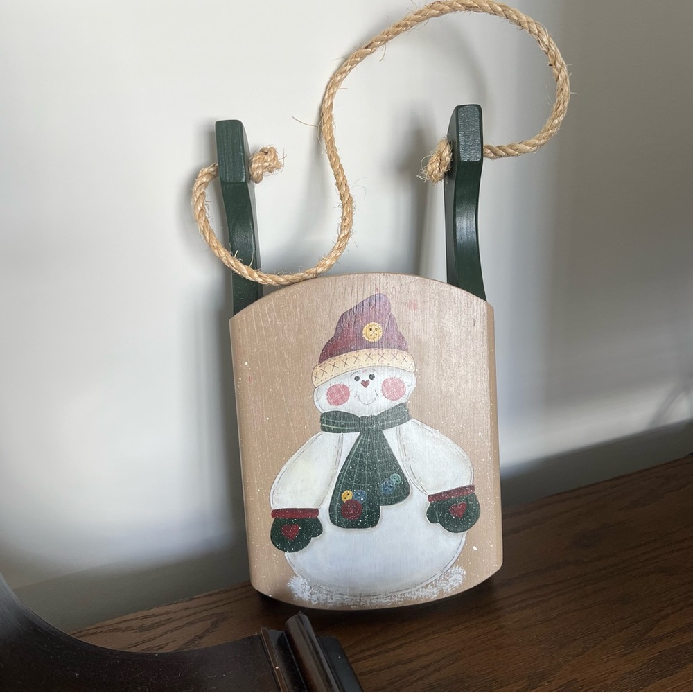 Hand-painted Snowman Wooden Sled Winter Holiday Decor